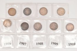 A DATE RUN OF EDWARD VII THREE PENCE 3d COINS 1902-1910 with some high grades (9)