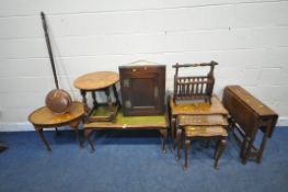 A WALNUT OVAL OCCASIONAL TABLE, a rectangular coffee table, a walnut nest of three tables, a drop