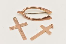 THREE PIECES OF JEWELLERY, to include a 9ct rose gold polished cross pendant, hallmarked 9ct