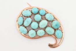 A MID 20TH CENTURY YELLOW METAL TURQUOISE BROOCH, of tear drop design, set with turquoise cabochons,