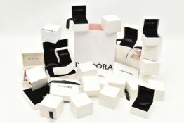 A PLASTIC BOX OF EMPTY JEWELLERY BOXES, white 'Pandora' signed boxes for rings, earrings,