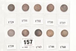 A DATE RUN OF GEORGE II THREE PENCE 3d COINS 1729, 31, 32, 35, 37, 39, 40, 43 (stop overhead) 46 and