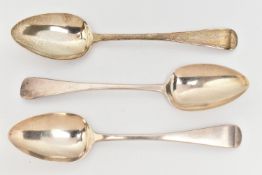 THREE WILLIAM IV SILVER TABLESPOONS, three matching old English pattern table spoons, hallmarked '