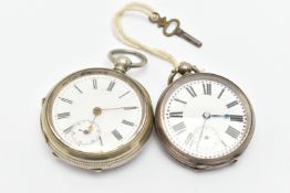 TWO OPEN FACE POCKET WATCHES, both key wound movements, with white Roman numeral dials, each with