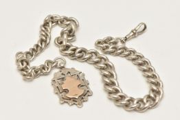 A SILVER GRADUATED ALBERT CHAIN WITH FOB MEDAL, heavy graduated curb link Albert chain, each link