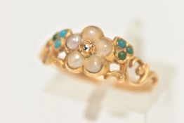 A YELLOW METAL SPLIT PEARL, TURQUIOSE AND DIAMOND RING, floral design set with a small central