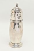 AN EARLY 20TH CENTURY SILVER SUGAR CASTER, of a polished form with pierced cover and pointed finial,