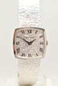 A LADIES 9CT WHITE GOLD 'JEAN-RENET' WRISTWATCH, manual wind movement, rounded square textured