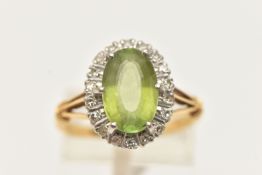 A PERIDOT AND DIAMOND CLUSTER RING, the oval peridot within a single cut diamond surround, to the