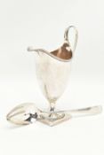 A GEORGE III SILVER CREAM JUG AND A SPOON, the jug of a polished form, beaded rim and engraved