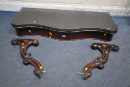 A VICTORIAN MAHOGANY WALL MOUNTED CONSOLE TABLE, with a slate top and a single drawer, and two