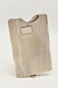 A WHITE METAL CARD CASE, with engine turned decoration, vacant rectangular cartouche, hinged