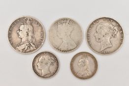 FIVE SILVER VICTORIAN COINS, to include an 1878 one shilling and a one tenth florin, diameters