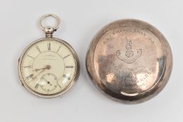 A SILVER MILITARY SNUFF BOX AND A SILVER OPEN FACE POCKET WATCH, the snuff box of a polished