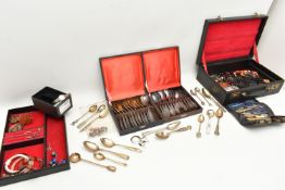 A BOX OF ASSORTED ITEMS, to include a jewellery box of assorted costume jewellery, a ladies quartz