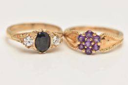 TWO 9CT GOLD GEM SET RINGS, the first an amethyst flower cluster ring, hallmarked 9ct Sheffield,