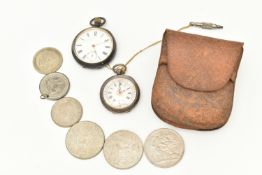 TWO OPEN FACE POCKET WATCHES, hand wound movement, round white dial, Roman numerals, second