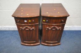 AN OPPOSING PAIR OF MAHOGANY BOW FRONT BEDSIDE CABINETS, with a single drawer, above a single