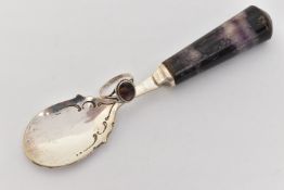 A BLUE JOHN HANDLED SPOON AND RING, an EPNS spoon fitted with a carved blue John handle, approximate