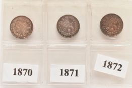 A PARCEL OF VICTORIA THREEPENCE 3d COINS, young head 1870, 1871, 1872 good grades (3)