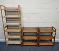 TWO PAIRS OF THREE TIER FOLDING DEALERS RACKS, one pair capable stacking, largest rack width 71cm
