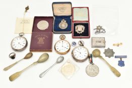A BOX OF ASSORTED ITEMS, to include a silver key wound, open face pocket watch, white Roman