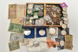 A CARDBOARD BOX OF MIXED COINS COMMEMORATIVES AND A FEW BANKNOTES, to include a small parcel of