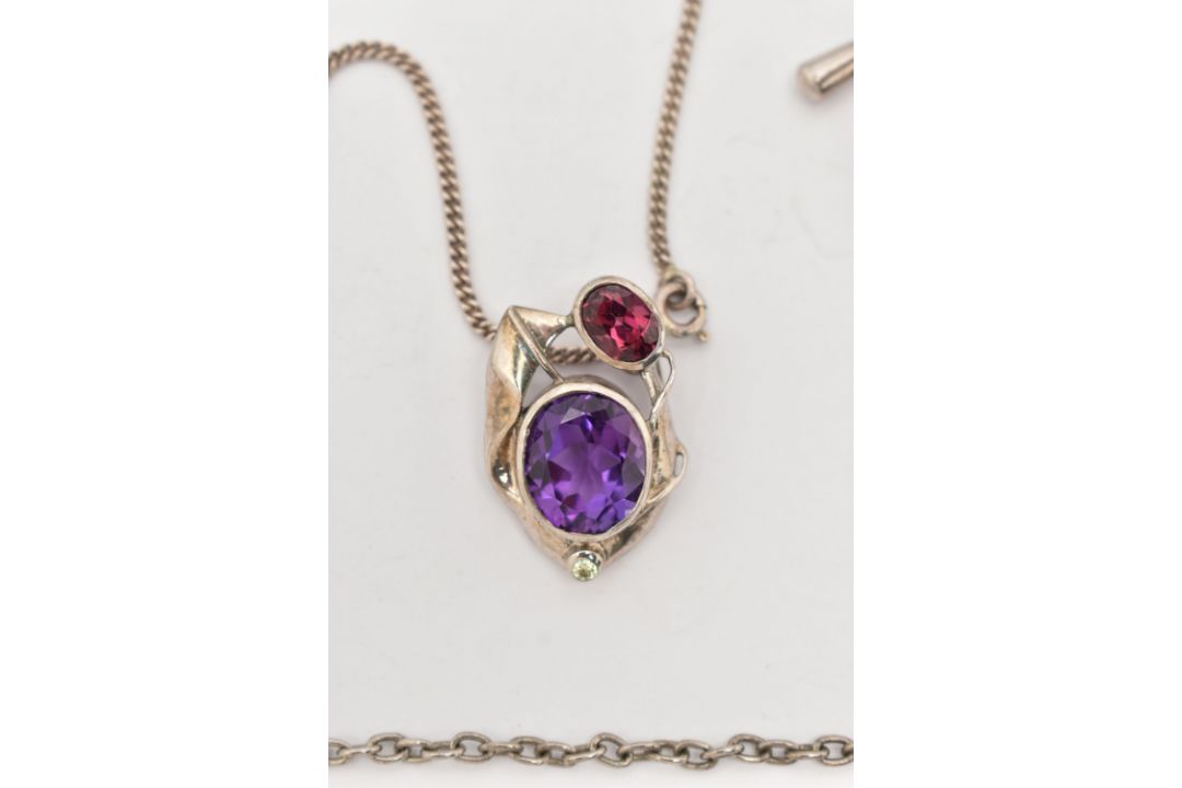 TWO WHITE METAL GEM SET NECKLACES, the first a modern multi gem set art nouveau style pendant, - Image 2 of 3