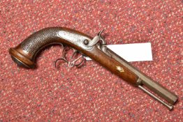 A 19TH CENTURY PERCUSSION PISTOL WITH FISH SCALE CARVED WALNUT GRIP, 17cm octagonal barrel, with