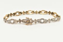 A 9CT GOLD AND DIAMOND BRACELET, a line bracelet designed as floral panels with milgrain detail,