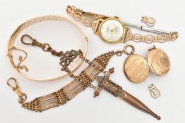 A SELECTION OF GOLD PLATED ITEMS, to include a 9ct gold metal core hinged bangle with foliate
