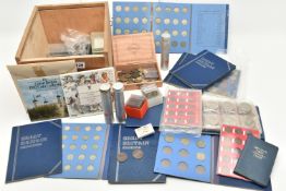 A WOODEN BOX CONTAINING AMOUNT OF MAINLY UK COINAGE TO INCLUDE: COIN SETS YEAR SETS WHITMAN SETS