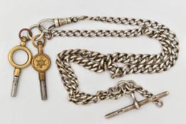 A SILVER GRADUATED DOUBLE ALBERT CHAIN, fitted with a T-bar and lobster clasp, each link stamped