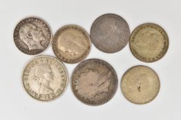 A SMALL ASSORTMENT OF COINS, to include a very worn Victoria Three pence, an Edward VII 1902 Three
