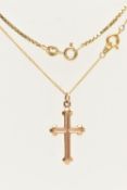 A 9CT GOLD BOX LINK CHAIN, WITH A CROSS PENDANT AND CHAIN, the box link chain fitted with a spring