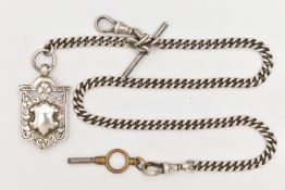 A SILVER ALBERT CHAIN AND MEDAL, a curb link chain fitted with two lobster clasps and a T-bar,