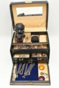 A MULTI STORAGE JEWELLERY BOX WITH CONTENTS, to include a white metal gate bracelet missing clasp,