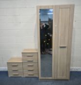 A MODERN DOUBLE DOOR WARDROBE, width 92cm x depth 55cm x height 210cm, a chest of five drawers,