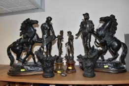 A GROUP OF SPELTER FIGURES, to include a pair of marly horses, painted black, in mould Cousteau