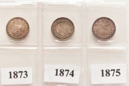 A PARCEL OF VICTORIA THREEPENCE 3d COINS, young head 1873, 1874, 1875 good grades (3)