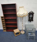 A MODERN OPEN BOOKCASE, width 71cm x depth 21cm x height 180cm, a cd rack, a glass nest of three