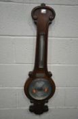 A VICTORIAN MAHOGANY BAROMETER, fitted with a thermometer, above a 9 inch dial, signed Negretti