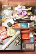 A BOX OF AIR RIFLE SHOOTING ACCESSORIES, including fifteen tins of .22 / .177 pellets, packs of