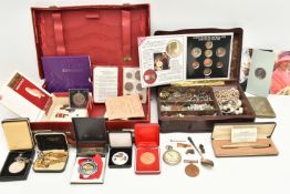 A BOX OF ASSORTED ITEMS, to include a pair of silver chain linked cufflinks, hallmarked
