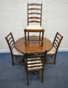 A 20TH CENTURY OAK CIRCULAR PEDESTAL TABLE, diameter 107cm x height 76cm, along with a set of four