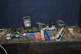 A TRAY CONTAINING HAND, POWER AND AUTOMOTIVE TOOLS, including Black and Decker drill, sander, jigsaw