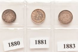 A PARCEL OF VICTORIA THREEPENCE 3d COINS, young head 1880, 1881, 1883 good grades (3)