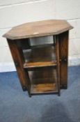 IN THE MANNER OF HEALS, AN ARTS CRAFTS THREE TIER OAK BOOK TABLE, with canted corners, 56cm