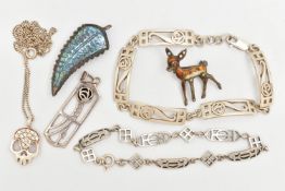 SIX ITEMS OF WHITE METAL JEWELLERY, to include a silver open work line bracelet, fitted with a