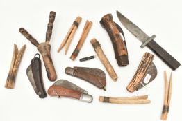 A SELECTION OF GYPSY PEGS, CATAPULT AND PRUNNING KNIVES, six wooden pegs, a carved wooden